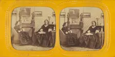 Two women seated in a parlor, one is sewing, the other with a hand fan in her lap, 1860s. Creator: E Lamy