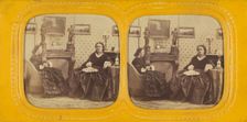 Two women seated in a parlor, one is sewing, the other with a hand fan in her lap, 1860s. Creator: E Lamy