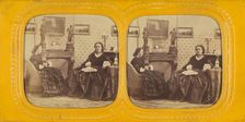 Two women seated in a parlor, one is sewing, the other with a hand fan in her lap, 1860s. Creator: E Lamy
