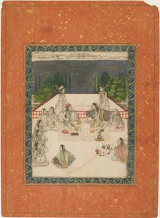 Two women seated on a terrace, surrounded by attendants and musicians, ca. 1650. Creator: Unknown