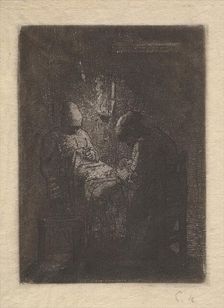 Two Women Sewing by Lamplight, ca. 1853. Creator: Jean Francois Millet
