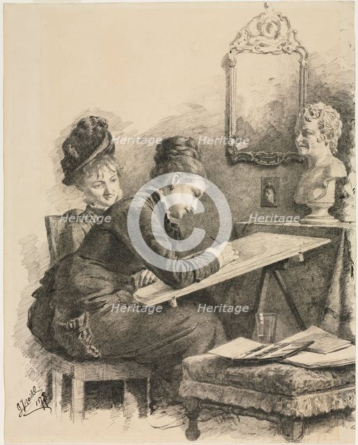 Two Women Sketching a Sculpture, 1878. Creator: Gabriel von Hackl (German, 1843-1926).