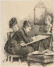 Two Women Sketching a Sculpture, 1878. Creator: Gabriel von Hackl (German, 1843-1926)