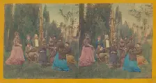 Two women twirling a rope for a child, others observing, about 1860. Creator: Unknown
