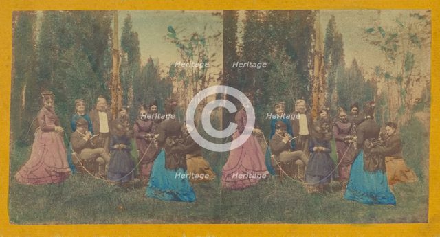 Two women twirling a rope for a child, others observing, about 1860. Creator: Unknown.