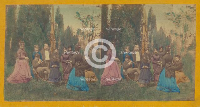 Two women twirling a rope for a child, others observing, about 1860. Creator: Unknown.