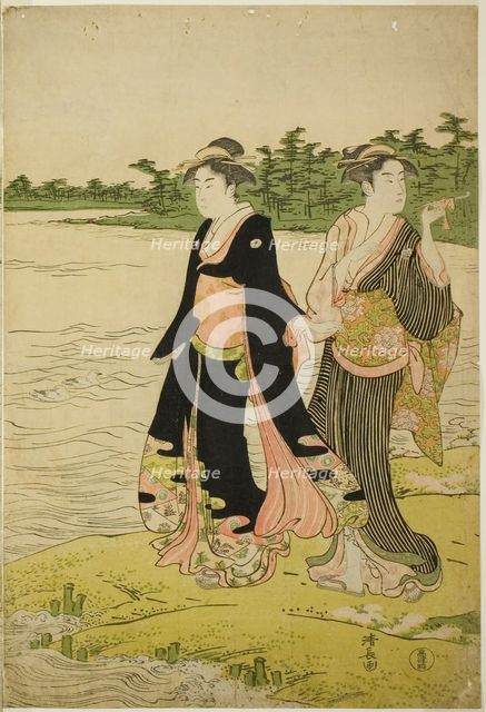 Two Women Waiting for a Ferry on the Sumida River, c. 1787. Creator: Torii Kiyonaga.