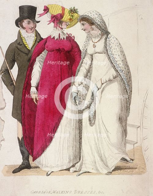 Two women wearing walking dresses accompanied by a man, c1810. Artist: W Read