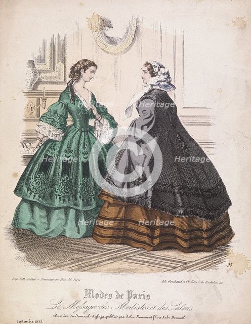Two women wearing the latest fashions, 1858. Artist: Anon