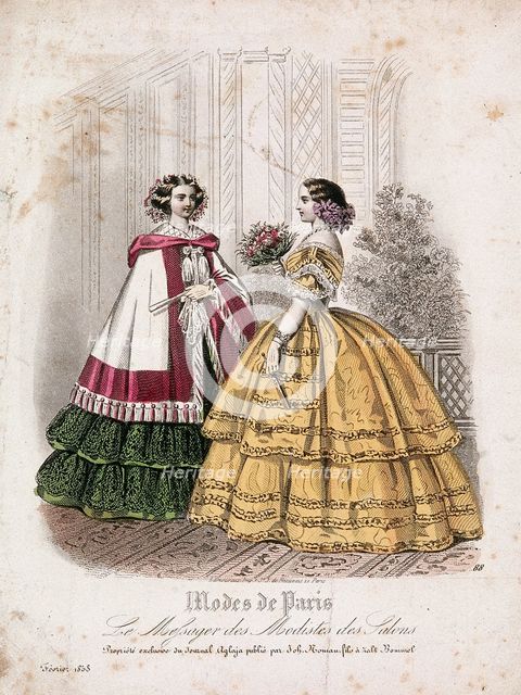 Two women wearing the latest fashions, 1858. Artist: Anon