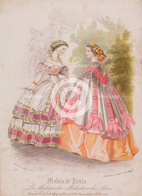 Two women wearing the latest fashions, 1859. Artist: Anon