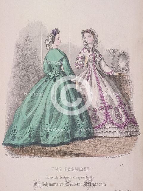 Two women wearing the latest fashions, 1864. Artist: Anon
