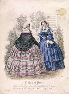 Two women wearing the latest fashions in a garden setting, 1858. Artist: Anon
