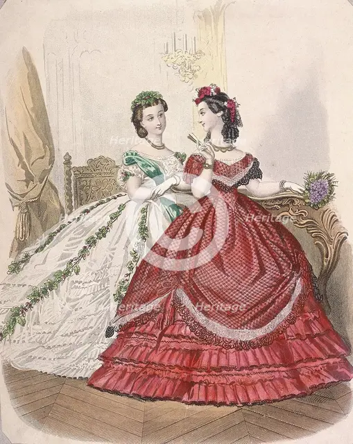 Two women wearing the latest indoor fashions, c1850. Artist: Anon