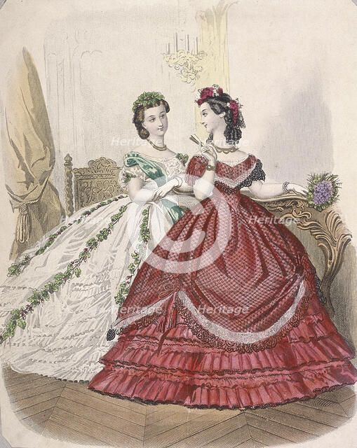 Two women wearing the latest indoor fashions, c1850. Artist: Anon