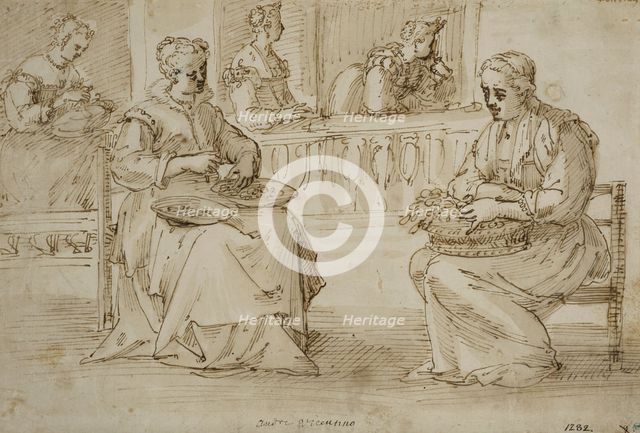 Two women with bowls in their laps sit on a terrace. Creator: Pietro Liberi.