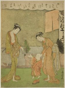 Two Women with Boy in Front of Powder Shop, c. 1770/71. Creator: Shiba Kokan