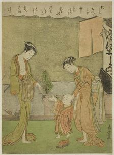 Two Women with Boy in Front of Powder Shop, c. 1770/71. Creator: Shiba Kokan