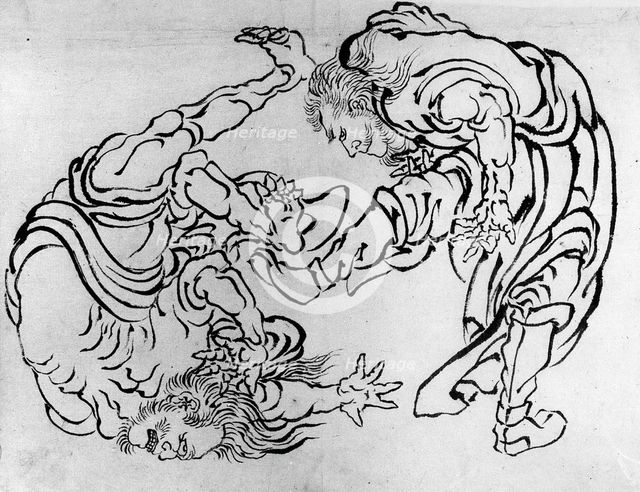 Two Wrestlers, 18th-19th century. Creator: Hokusai.