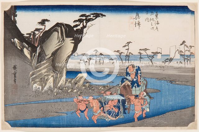 Two wrestlers crossing the Okitsu River near Okitsu, 1830s.