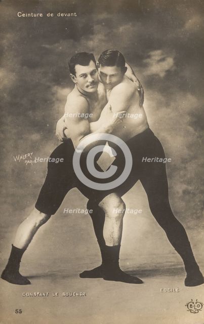 Two wrestlers facing off, late 19th-early 20th century.  Creators: Count Stanislaw Walery, Walery.