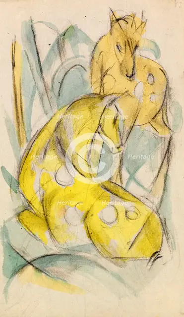 Two yellow animals (Two yellow deer), 1912-1913. Creator: Marc; Franz (1880-1916).