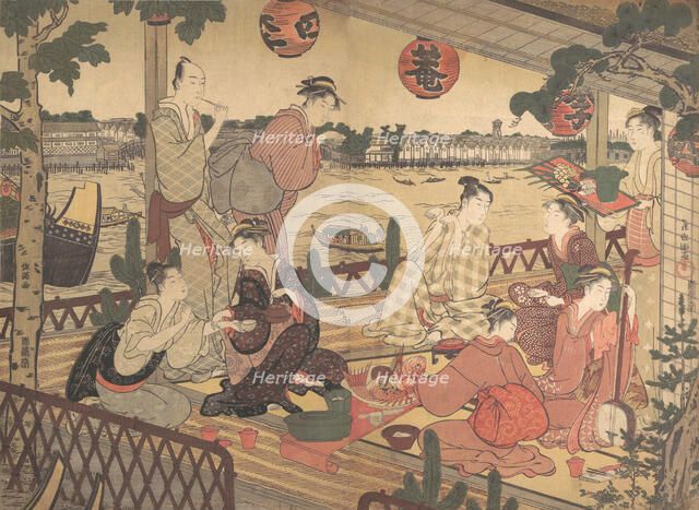 Two Young Men and Several Women Dining at a Tea-house on the Bank of the Sumida River, ca. 1788. Creator: Kubo Shunman.