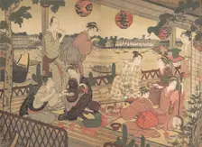 Two Young Men and Several Women Dining at a Tea-house on the Bank of the Sumida River, ca. 1788. Creator: Kubo Shunman