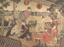 Two Young Men and Several Women Dining at a Tea-house on the Bank of the Sumida River, ca. 1788. Creator: Kubo Shunman