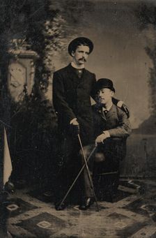 Two Young Men Crossing Their Walking Sticks, 1880s. Creator: Unknown