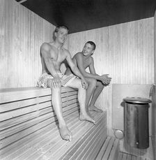 Two young men enjoying a sauna, Landskrona, Sweden, 1959