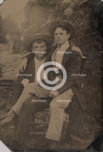 Two Young Men in Straw Hats, One Seated in the Other's Lap, 1870s-80s. Creator: Unknown.