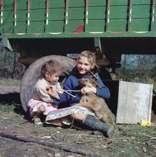 Two young gipsy girls playing with a dog, Charlwood, Newdigate area, Surrey, 1964
