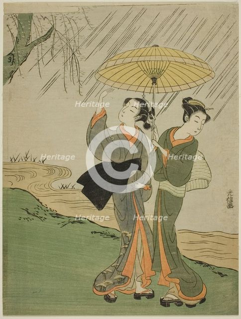 Two Young Girls in a Rain Shower, Japan, c. 1764/72. Creator: Mitsunobu.