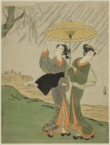 Two Young Girls in a Rain Shower, Japan, c. 1764/72. Creator: Mitsunobu