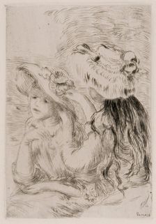 Two young girls pinning flowers on their hats, c1897. Creator: Pierre-Auguste Renoir