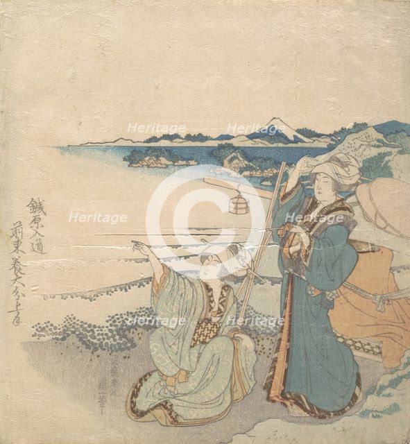 Two Young Ladies at Shore; One Pointing. Creator: Hokusai.