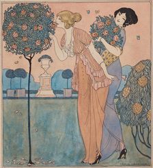 Two young ladies in the rose garden. Creator: Wegener, Gerda (1886-1940)