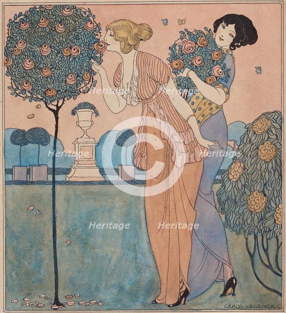Two young ladies in the rose garden. Creator: Wegener, Gerda (1886-1940).