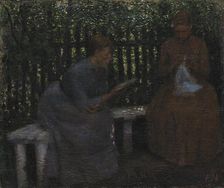 Two young women in a garden, 1880-1889. Creator: Peter Hansen