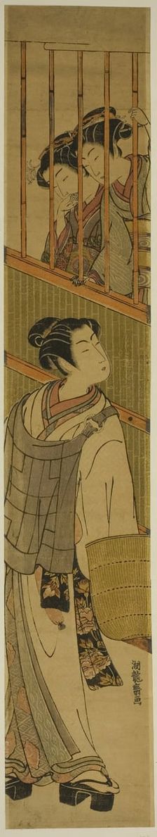 Two Young Women Looking out at Young Man Dressed as Komuso, c. 1774. Creator: Isoda Koryusai