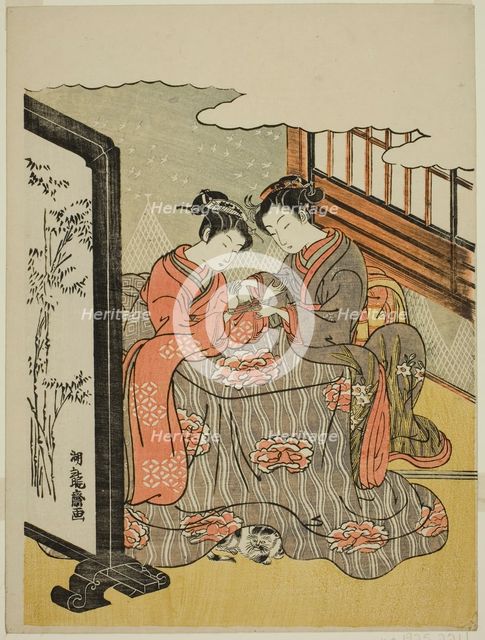 Two Young Women Playing Cat's Cradle, c. 1769. Creator: Isoda Koryusai.