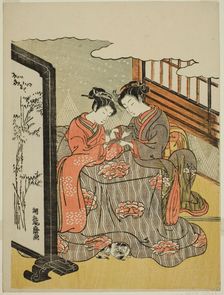 Two Young Women Playing Cat's Cradle, c. 1769. Creator: Isoda Koryusai