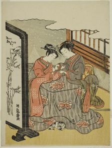 Two Young Women Playing Cat's Cradle, c. 1769. Creator: Isoda Koryusai