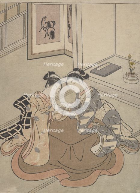 Two Young Women Seated by a Kotatsu Playing Cat's Cradle, ca. 1765., ca. 1765. Creator: Suzuki Harunobu.