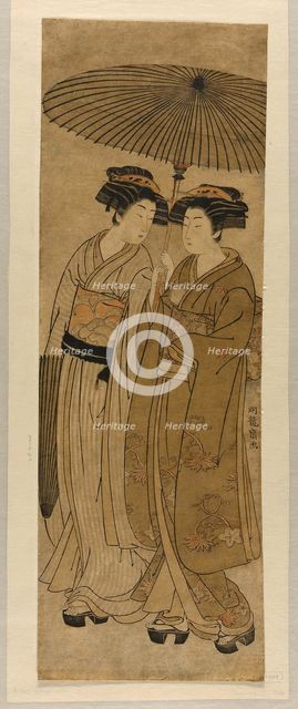 Two Young Women Walking Under an Umbrella, c. 1777. Creator: Isoda Koryusai.