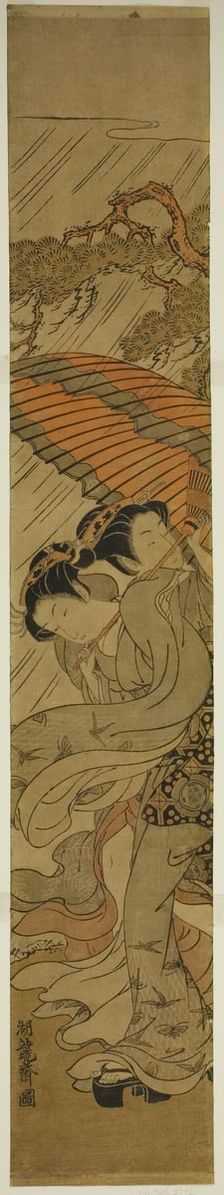 Two Young Women with Umbrella Caught in Rainstorm, c. 1771. Creator: Isoda Koryusai