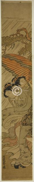 Two Young Women with Umbrella Caught in Rainstorm, c. 1771. Creator: Isoda Koryusai.