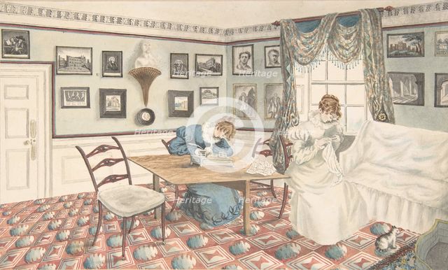 Two young women writing and sewing in an interior at Hatton, Warwickshire, 1820-30. Creator: Attributed to Granddaughters of Dr. Samuel Parr.