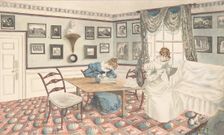 Two young women writing and sewing in an interior at Hatton, Warwickshire, 1820-30. Creator: Attributed to Granddaughters of Dr. Samuel Parr